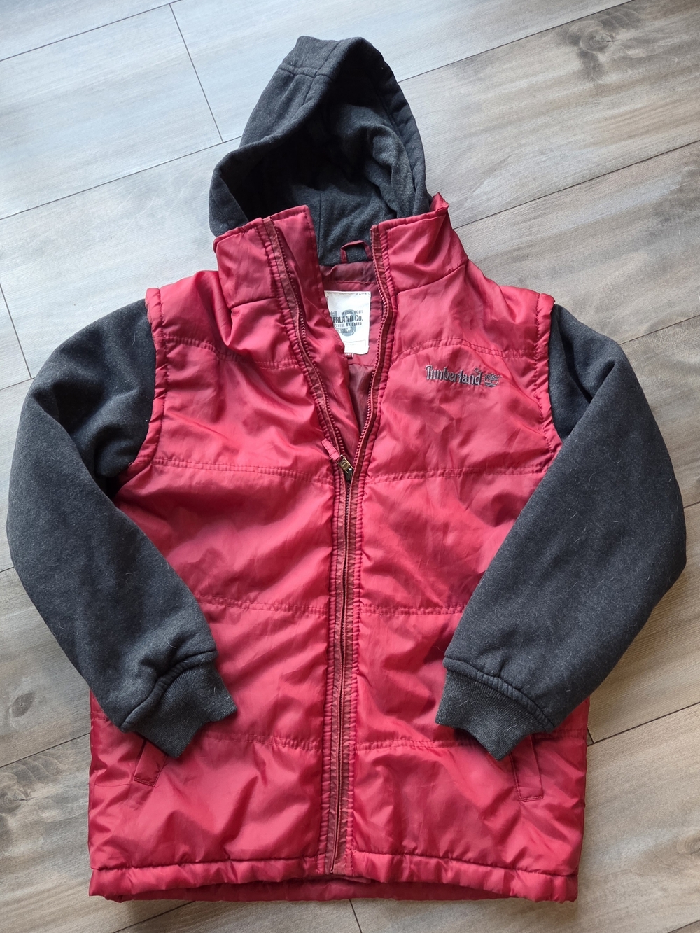 Timberland Red Puffer Vest with Gray Hoodie Sleeves
